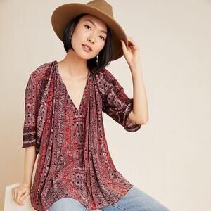 New Anthropologie BHANUNI By JYOTI Aleska Crocus Rouge Motif Tunic Blouse Top